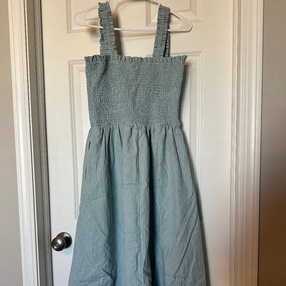 Smocked grid midi dress